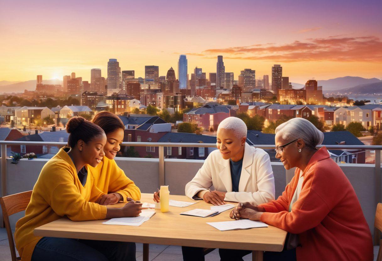 A compassionate scene depicting a diverse group of individuals collaborating around a table, sharing resources about affordable housing while another side shows a caregiver comforting a cancer patient. The background features a city skyline with affordable housing units, emphasizing hope and community. Bright and warm color palette with soft lighting to convey warmth and support. super-realistic. vibrant colors.