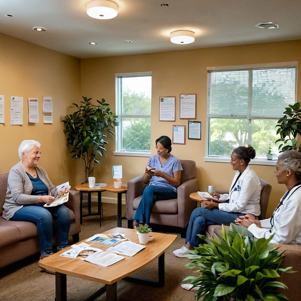 A warm and inviting scene depicting a diverse group of patients receiving support in a cozy community center, with informational brochures about cancer care and housing assistance laid out on a coffee table. Soft lighting, plants, and comfortable seating contribute to a nurturing atmosphere. In the background, compassionate caregivers engage with patients, showing empathy and understanding. The center's walls are adorned with inspiring quotes about hope and healing. super-realistic. vibrant colors. soft-focus.