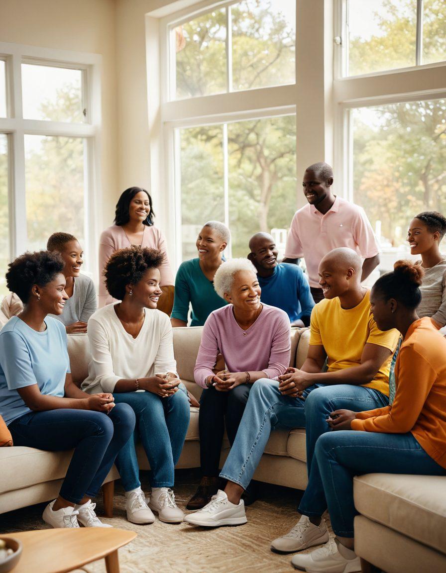 A warm, inviting scene showcasing a diverse group of people in a community space, representing support and resilience in cancer treatment. In the background, elements symbolizing housing assistance, like keys and a cozy home silhouette. The foreground features individuals sharing stories and encouragement, with soft, natural lighting to create a hopeful atmosphere. A gentle, uplifting color palette to convey empowerment and community strength. super-realistic. vibrant colors. 3D.